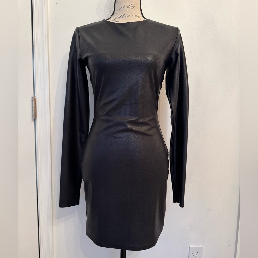Naked Wardrobe Black Long-Sleeve Faux Leather Bodycon Dress